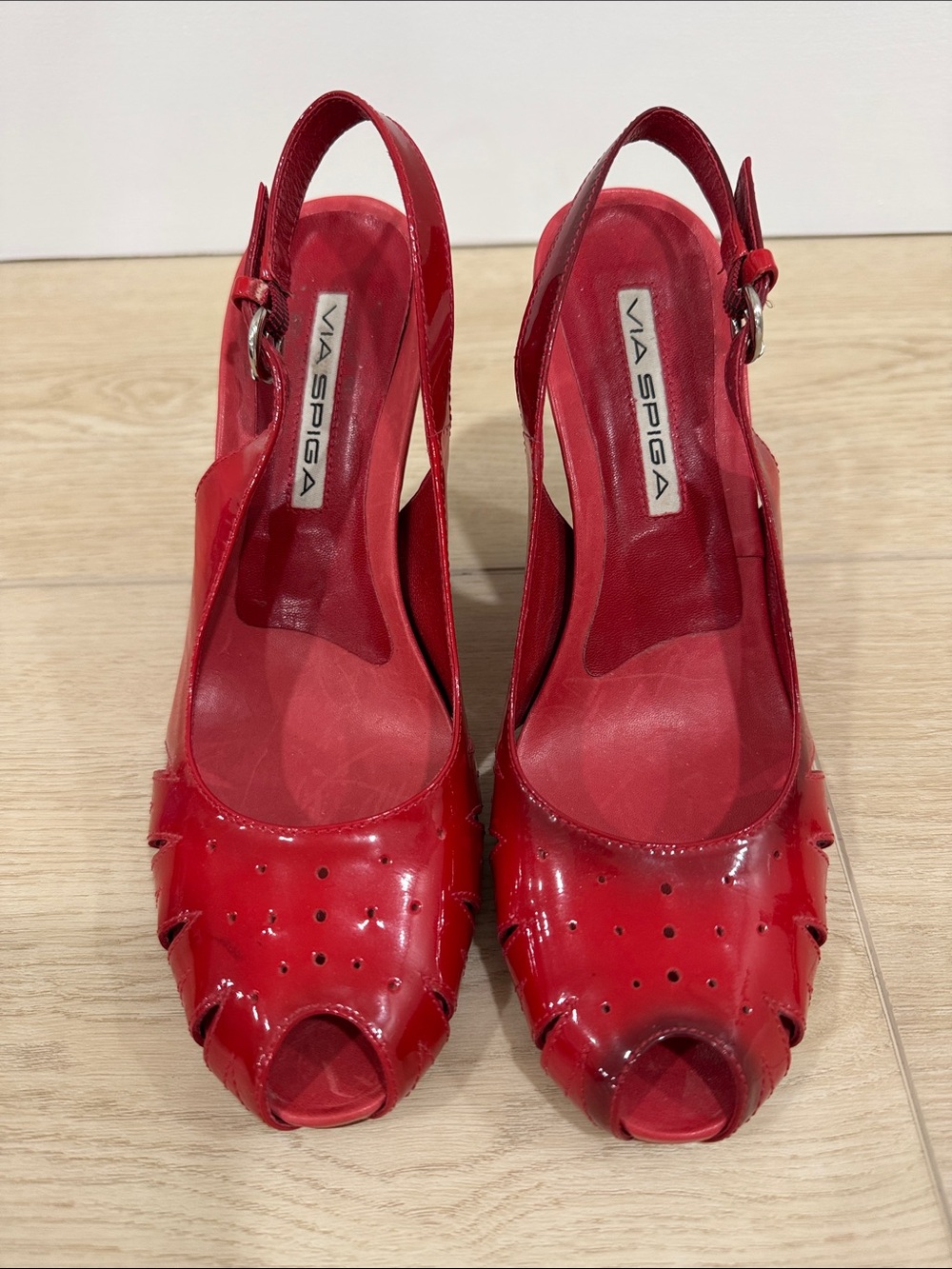 Via Spiga Red Patent Peep-Toe Slingback Heels with Cutout Perforation